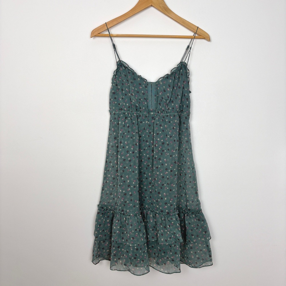 American Eagle Women Tiered Floral Babydoll Mini Dress Sz 10 Green Coquette Boho